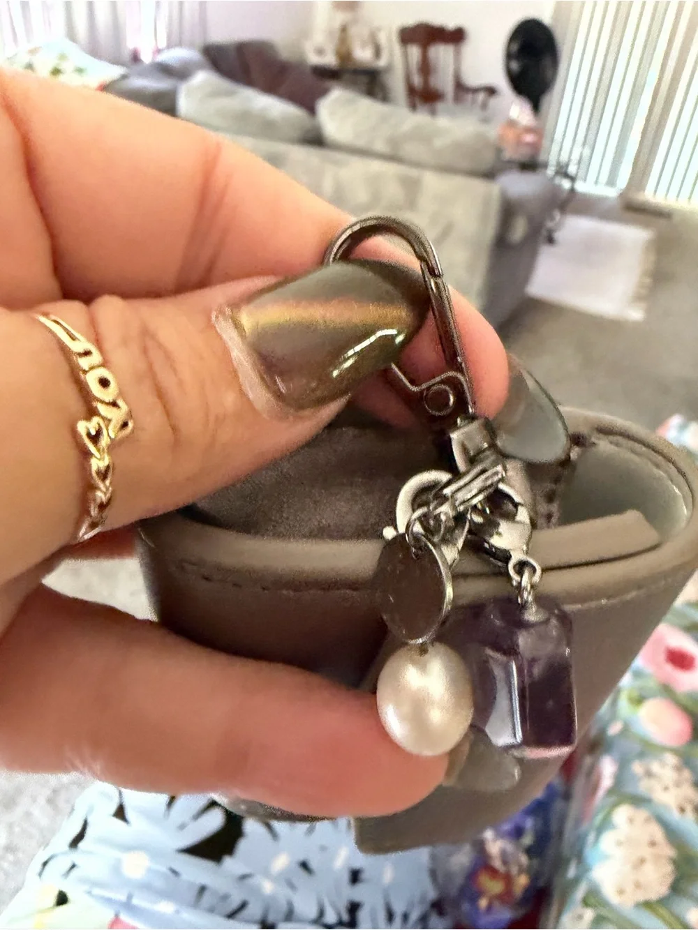 Metallic Gray Women’s Key Pouch with Charm